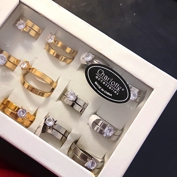 11 Sets New Stainless Steel Solitaire Cut Cubic Zirconia Wedding Ring & Band - Picture 5 of 5